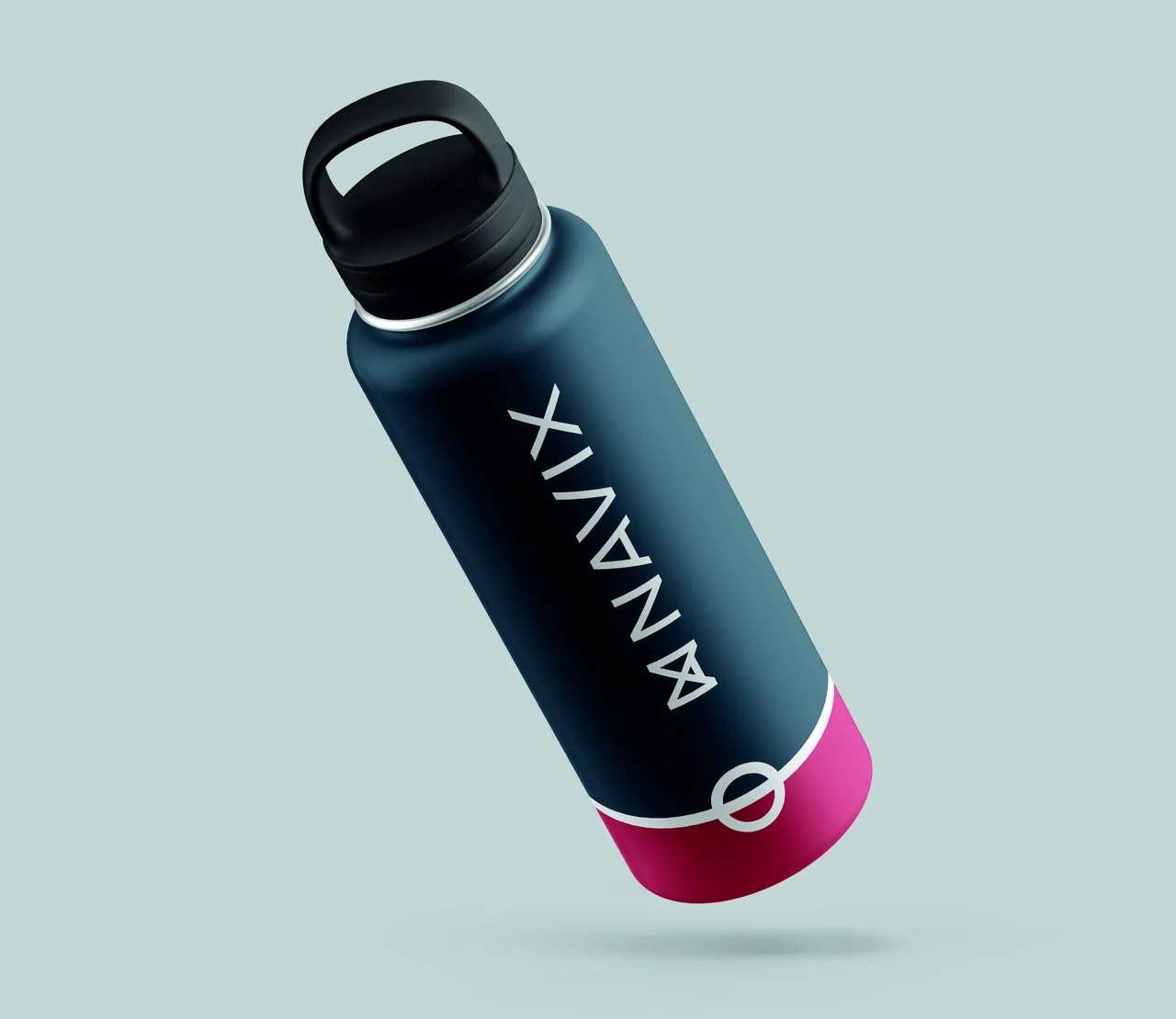 A Deep Sea Blue water bottle with the Navix logotype running vertically and a Brand Red base divided by a white Loadline.